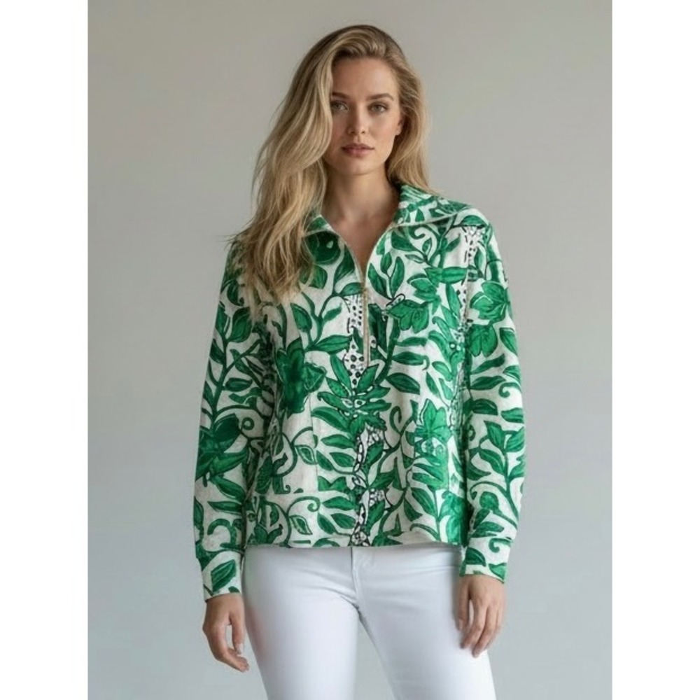 🌴 Lilly Pulitzer Finn Half-Zip Pullover Green White Tropical Floral Small